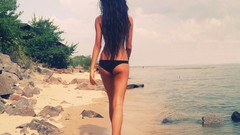 Sand Sea water woman ass Beaches black hair bikini