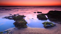 Sand stones particles line coast orange moss horizon steam