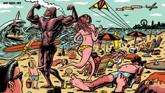 Sand summer ocean children kite Umbrellas surfing swimming 