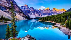 Sand Trees snow water blue Mountains clouds dark Green 