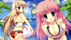 Sand water Anime Beaches pink hair anime girls purple eyes 
