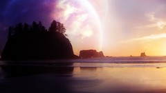 Sand water clouds cliffs Beaches waves planets skies artwork