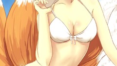 Sand water clouds navel sitting Beaches smiling anime girls 