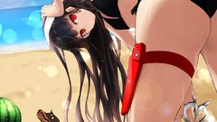 Sand water Dogs scissors red eyes watermelons Beaches outdoors 