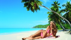 Sand water eyes pink feet woman paradise palm trees faces 