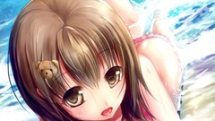 Sand water outdoors anime girls brunettes short hair skies open 