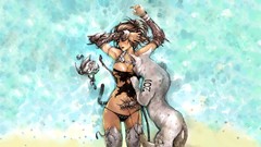 Sand water woman cats armor Beaches long hair brunettes world 