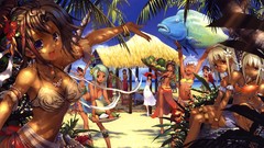 Sand water woman fish coconut dress hats palm trees sunny white 