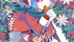 Scarfs eating blue hair anime girls short hair purple hair