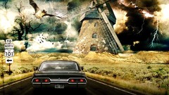 Scene storm cars windmills roads dramatic artwork Highways