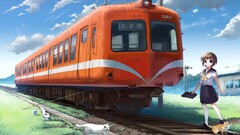 schoolgirl school uniform train anime girls cats