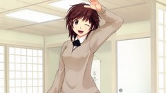 Schoolgirls anime girls brown eyes indoors brunettes school 