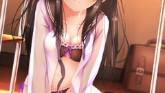 Schoolgirls long hair anime girls lingerie classroom school 