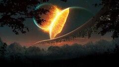 science fiction planet explosion lights Mountains space art sky