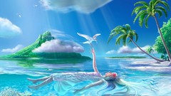 Sea Birds palm trees floating fantasy art Kagaya Yutaka
