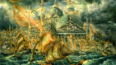 Sea Boats paintings architecture waves Pillars sailing cities 