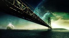 Sea Bridges planets digital art fantasy art Akashi Kaikyo bridge