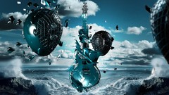Sea clouds abstract waves 3d guitars teal digital art