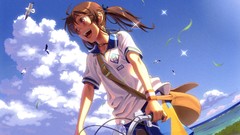 Sea clouds Birds Bicycles anime girls skies