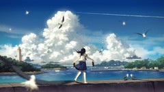 Sea clouds Birds skirts long hair anime girls school uniforms 