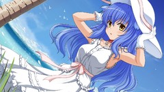 Sea clouds hats Beaches blue hair anime girls yellow eyes 