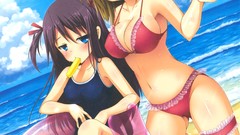 Sea clouds ice cream Beaches anime girls wink black hair 