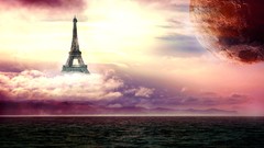 Sea clouds moon purple Eiffel Tower surreal Photo manipulation