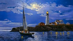 Sea clouds moonlight artwork lighthouses