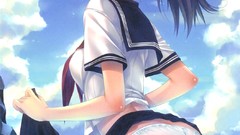 Sea clouds ocean woman ass Anime wet skirts long hair anime 