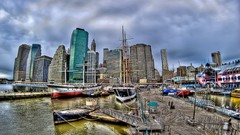 Sea clouds paint heaven Boats paintings piers urban vehicles 