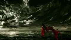 Sea clouds red dress overcast floating artwork fantasy art