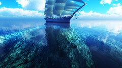 Sea clouds ships digital art skyscapes coral reef