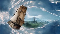 Sea clouds ships Journey waves sails artwork lighthouses 