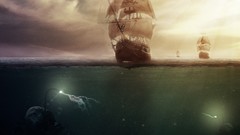 Sea clouds ships underwater artwork fantasy art