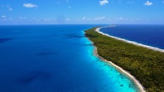 Sea clouds sky land vegetation distance horizon palm trees azure