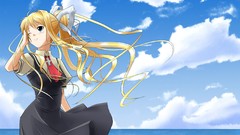 Sea clouds wind horizon blondes anime girls school uniforms