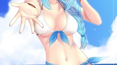 Sea elves blue hair anime girls skies bikini huge boobs