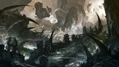 Sea fantasy fort cliffs rocks tents artwork artistic