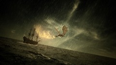 Sea fire rain ships Dragons storm fantasy art