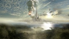 Sea fog fire sky Future smoke Skyscrapers artwork fantasy art