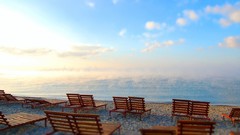 Sea fog sun chairs Beaches blue skies