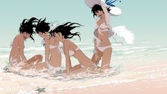 Sea hats Beaches anime girls closed eyes black hair bikini 