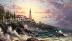 Sea houses forests lighthouses fantasy art