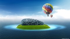Sea Islands digital art hot air balloons
