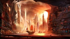 Sea lights ships Bridges houses buildings sunlight spaceships 