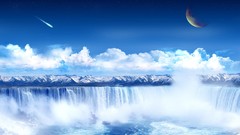 Sea Mountains clouds moon widescreen artwork digital art 