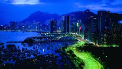 Sea Mountains lights Boats roads buildings cityscapes