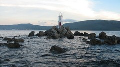 Sea nature Mountains beacon lighthouses rock islands