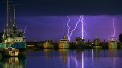 Sea nature night Lightning ships storm port reflections