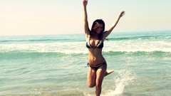 Sea nature summer ocean woman Beaches legs brunettes jumping 